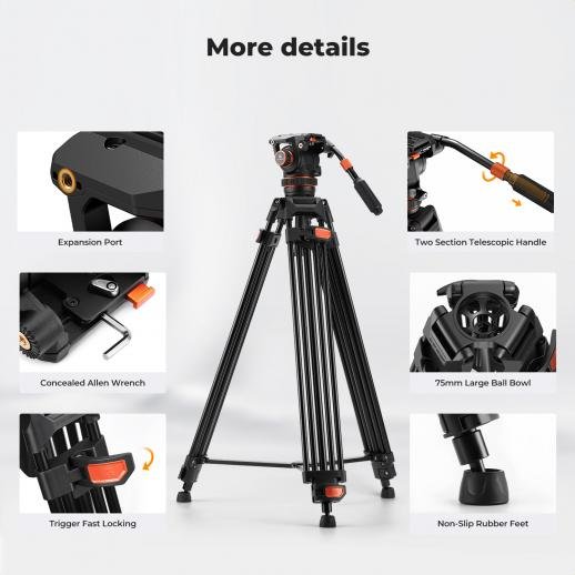 K&F CONCEPT Heavy Duty Tripod 75" Video Tripod Stand with Fluid Head Damping Adjustable - Load up to 22lb
