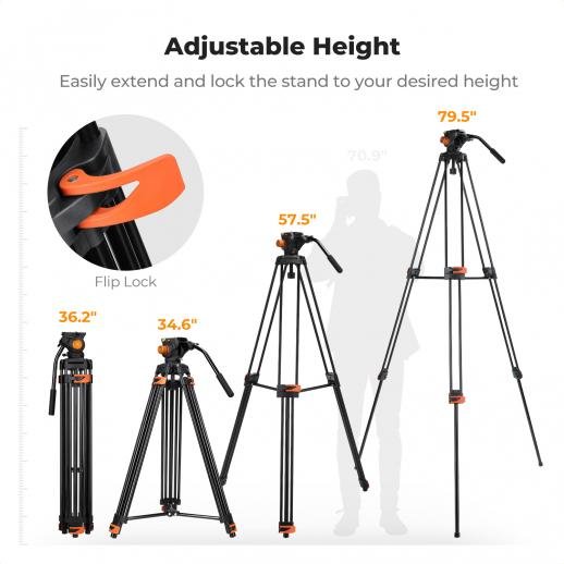 K&F Concept 80" Video Tripod with Fluid Head - Aluminum Heavy Duty Camera Tripod with Smooth Friction Damping
