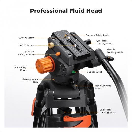 K&F Concept 80" Video Tripod with Fluid Head - Aluminum Heavy Duty Camera Tripod with Smooth Friction Damping