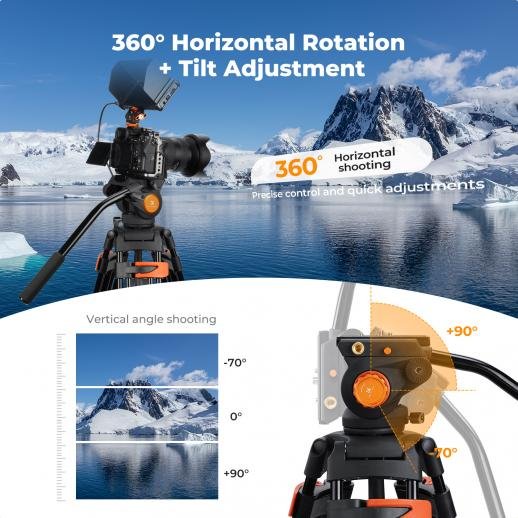 K&F Concept 80" Video Tripod with Fluid Head - Aluminum Heavy Duty Camera Tripod with Smooth Friction Damping