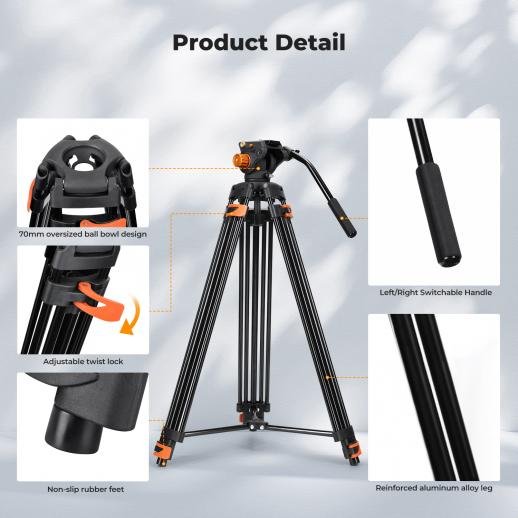 K&F Concept 80" Video Tripod with Fluid Head - Aluminum Heavy Duty Camera Tripod with Smooth Friction Damping