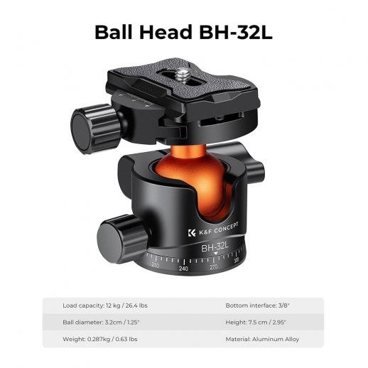 K&F Tripod 32mm Metal Tripod Ball Head 360 Degree Rotating Panoramic with 1/4 inch