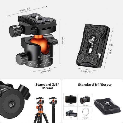 K&F Tripod 32mm Metal Tripod Ball Head 360 Degree Rotating Panoramic with 1/4 inch