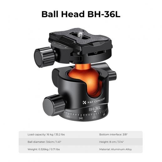 K&F Concept Tripod 36mm Metal Tripod Ball Head 360 Degree Rotating Panoramic with 1/4 inch