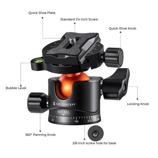 K&F Concept Tripod 36mm Metal Tripod Ball Head 360 Degree Rotating Panoramic with 1/4 inch