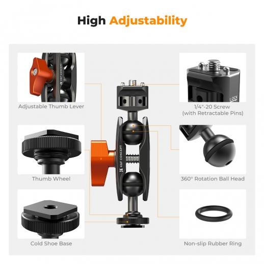 K&F Concept Magic Arm, Multi-Function Double Ball Head with Cold Shoe Mount 1/4" Screw for Super Clamp, Monitor, LED Light