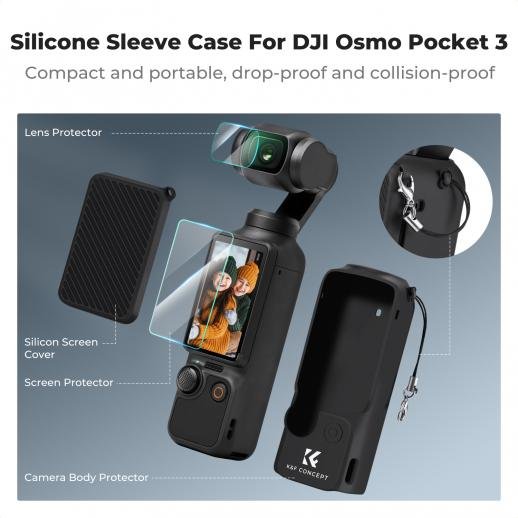 K&F Concept Pocket 3 Silicone Protective Case Set Screen Protector Lens Film Screen Film Suitable for DJI OSMO Pocket 3 Creator Combination Accessories