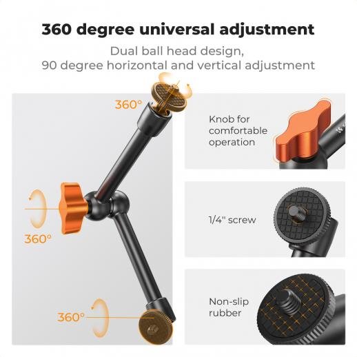 K&F Concept 9.8" Magic Arm Camera Mount with Dual 360° Ball Heads & 1/4" Screw for DSLR, Monitor, LED Light, Flash, Microphone & Camera Cage