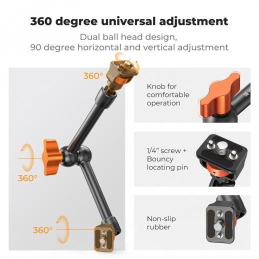K&F Concept 11" Magic Arm Camera Mount with Dual 360° Ball Heads | 1/4" Screw Articulating Friction Arm for Camera Monitor, LED Light & Camera Rig