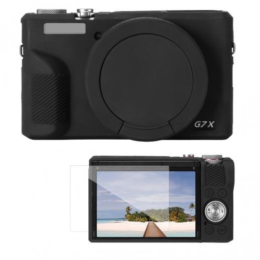 K&F Concept Canon G7X III Silicone Protective Case with Screen Protector Set - Anti-Scratch Shockproof Soft Skin Black
