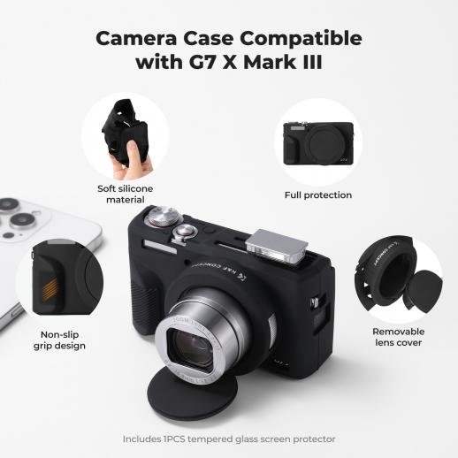 K&F Concept Canon G7X III Silicone Protective Case with Screen Protector Set - Anti-Scratch Shockproof Soft Skin Black