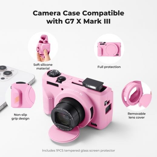 Distributor Lensa dan Aksesoris Fotografi Digital Pratama Retailindo K&F Concept Canon G7X III Silicone Protective Case with Screen Protector Set - Anti-Scratch Shockproof Soft Skin Pink