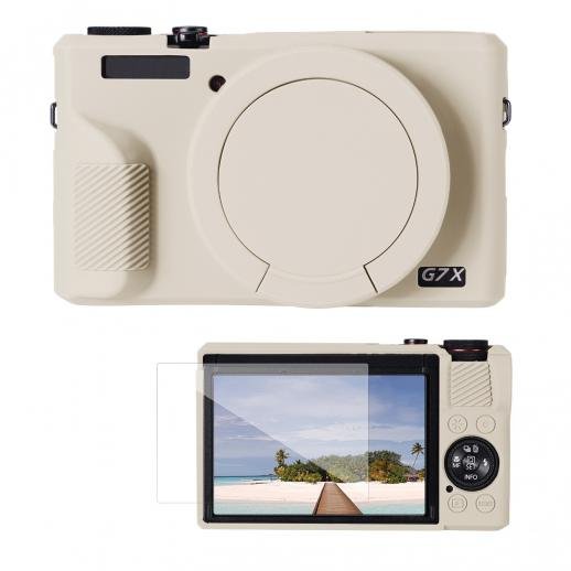 K&F Concept Canon G7X III Silicone Protective Case with Screen Protector Set - Anti-Scratch Shockproof Soft Skin Beige