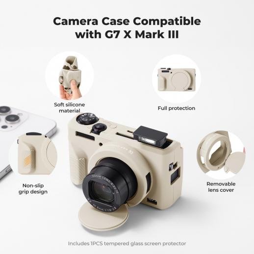 K&F Concept Canon G7X III Silicone Protective Case with Screen Protector Set - Anti-Scratch Shockproof Soft Skin Beige