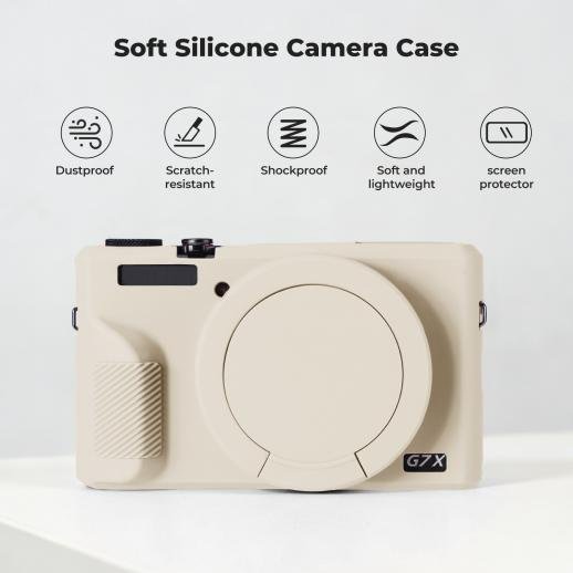 K&F Concept Canon G7X III Silicone Protective Case with Screen Protector Set - Anti-Scratch Shockproof Soft Skin Beige
