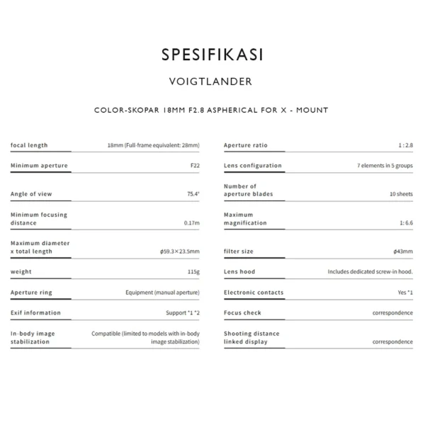 Voigtlander Lens 18mm f2.8 Color-Skopar for Fujifilm X - Mount | Lensa Kamera Fixed Manual Fokus